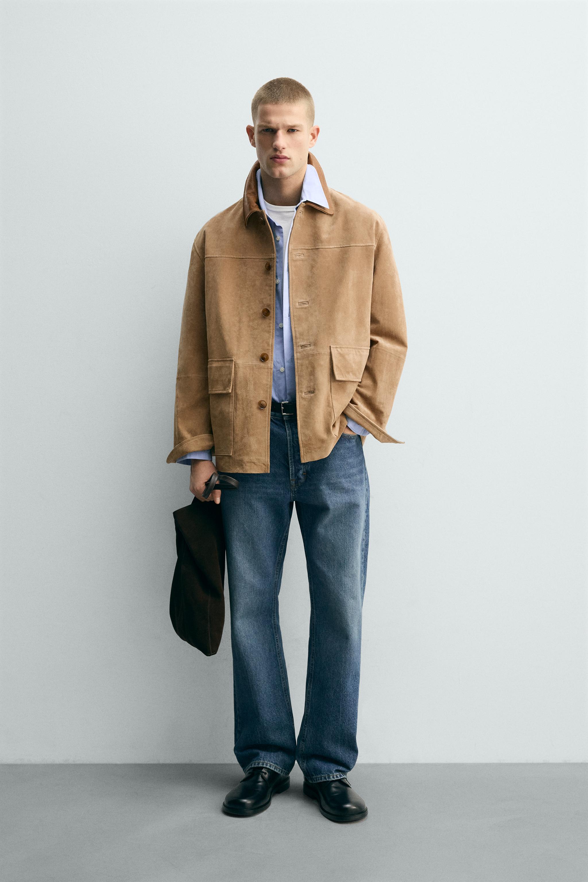 VESTE EN CUIR VELOURS AVEC COL BIMATIÈRE